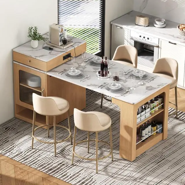 Main image of Kitchen Island with Extendable Dining Table, Kitchen Storage Table with Double-Sided Storage, Kitchen Island with 2 Drawers, Side Open Shelves, Suitable for Kitchen (Natural)
