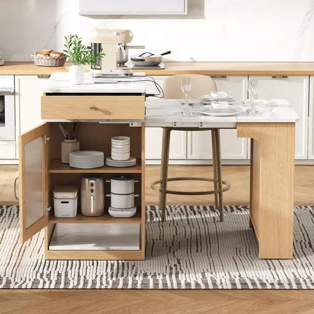 Alt view image 3 of 7 - Kitchen Island with Extendable Dining Table, Kitchen Storage Table with Double-Sided Storage, Kitchen Island with 2 Drawers, Side Open Shelves, Suitable for Kitchen (Natural)