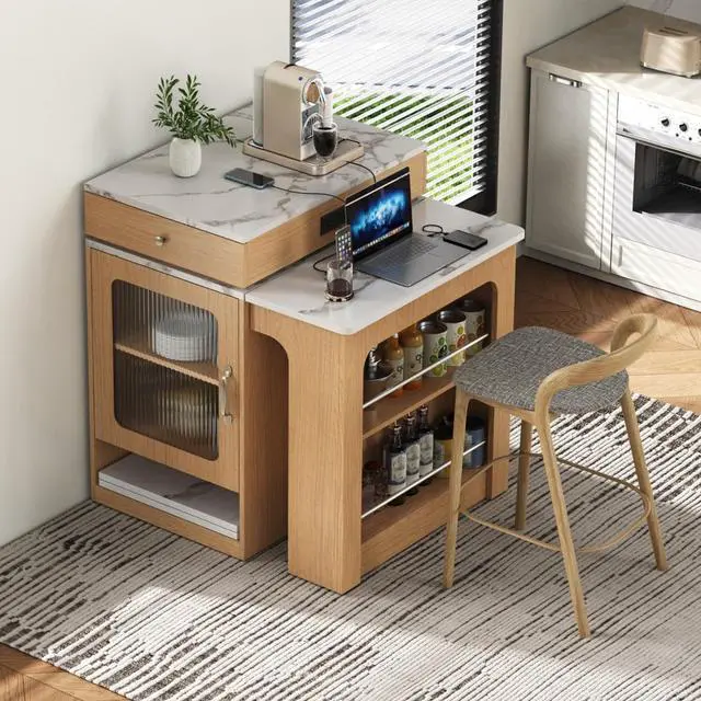 Alt view image 2 of 7 - Kitchen Island with Extendable Dining Table, Kitchen Storage Table with Double-Sided Storage, Kitchen Island with 2 Drawers, Side Open Shelves, Suitable for Kitchen (Natural)