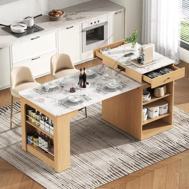 Alt view image 4 of 7 - Kitchen Island with Extendable Dining Table, Kitchen Storage Table with Double-Sided Storage, Kitchen Island with 2 Drawers, Side Open Shelves, Suitable for Kitchen (Natural)