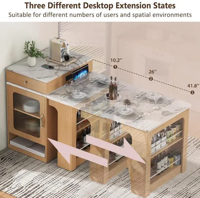 Alt view image 5 of 7 - Kitchen Island with Extendable Dining Table, Kitchen Storage Table with Double-Sided Storage, Kitchen Island with 2 Drawers, Side Open Shelves, Suitable for Kitchen (Natural)