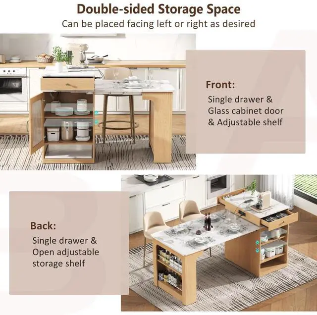 Alt view image 6 of 7 - Kitchen Island with Extendable Dining Table, Kitchen Storage Table with Double-Sided Storage, Kitchen Island with 2 Drawers, Side Open Shelves, Suitable for Kitchen (Natural)