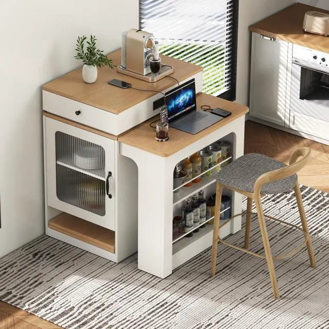 Alt view image 2 of 7 - Kitchen Island with Extendable Dining Table, Kitchen Storage Table with Double-Sided Storage, Kitchen Island with 2 Drawers, Side Open Shelves, Suitable for Kitchen (White)