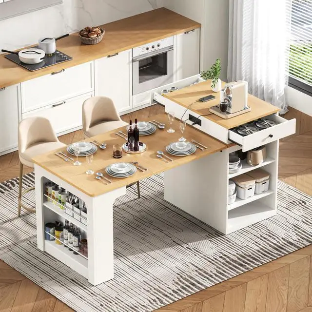 Alt view image 4 of 7 - Kitchen Island with Extendable Dining Table, Kitchen Storage Table with Double-Sided Storage, Kitchen Island with 2 Drawers, Side Open Shelves, Suitable for Kitchen (White)