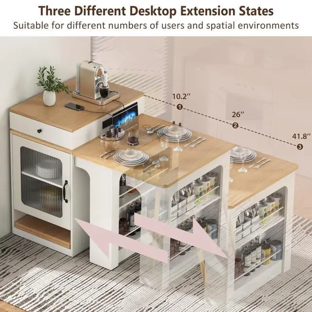Alt view image 5 of 7 - Kitchen Island with Extendable Dining Table, Kitchen Storage Table with Double-Sided Storage, Kitchen Island with 2 Drawers, Side Open Shelves, Suitable for Kitchen (White)