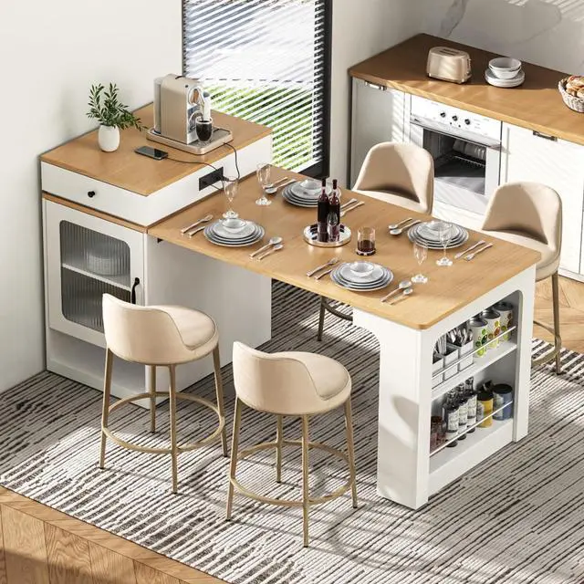 Main image of Kitchen Island with Extendable Dining Table, Kitchen Storage Table with Double-Sided Storage, Kitchen Island with 2 Drawers, Side Open Shelves, Suitable for Kitchen (White)