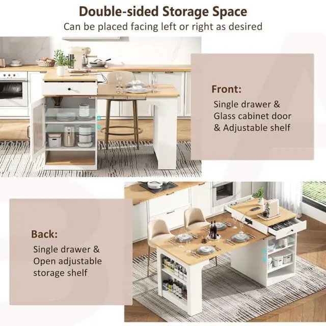 Alt view image 6 of 7 - Kitchen Island with Extendable Dining Table, Kitchen Storage Table with Double-Sided Storage, Kitchen Island with 2 Drawers, Side Open Shelves, Suitable for Kitchen (White)