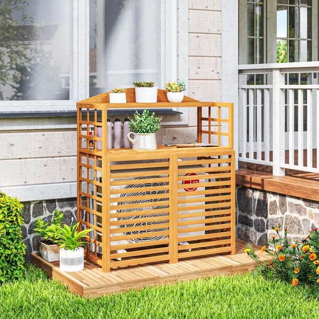 Main image of Dual-Purpose AC Unit Fence with Built-in Potting Shelves for Outdoor Condenser Hiding, Decorative Privacy Screen with Slatted Ventilation for Backyard Patio & Garden Organization