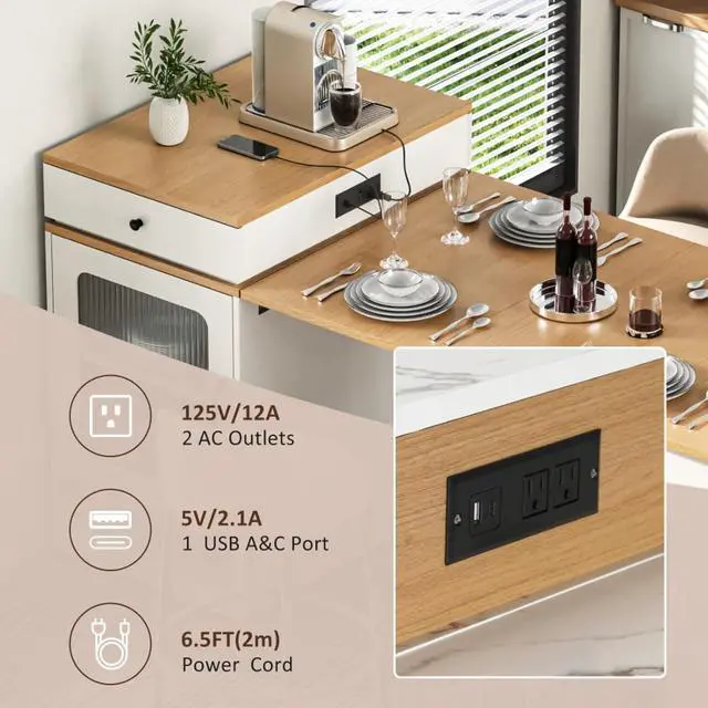 Alt view image 7 of 7 - Kitchen Island with Extendable Dining Table, Kitchen Storage Table with Double-Sided Storage, Kitchen Island with 2 Drawers, Side Open Shelves, Suitable for Kitchen (White)