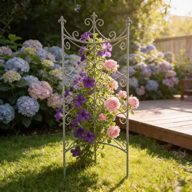 Main image of Garden Fence with Rustic Style and Three Ground Stakes for Growing Flowers, Plants, Vines, Outdoor Decorative Fence Pannels Anti Animal Barrier with Iron Frame for Backyard, Lawn