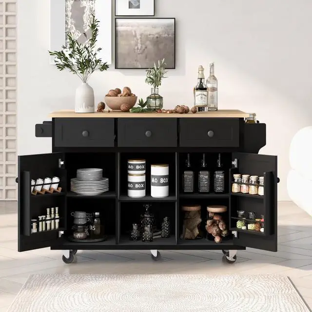 Main image of Kitchen Cart with Rubber Wood Drop-Leaf Countertop,Cabinet Door Internal Storage Racks,Kitchen Island on 5 Wheels with Storage Cabinet and 3 Drawers for Dinning Room (Black)