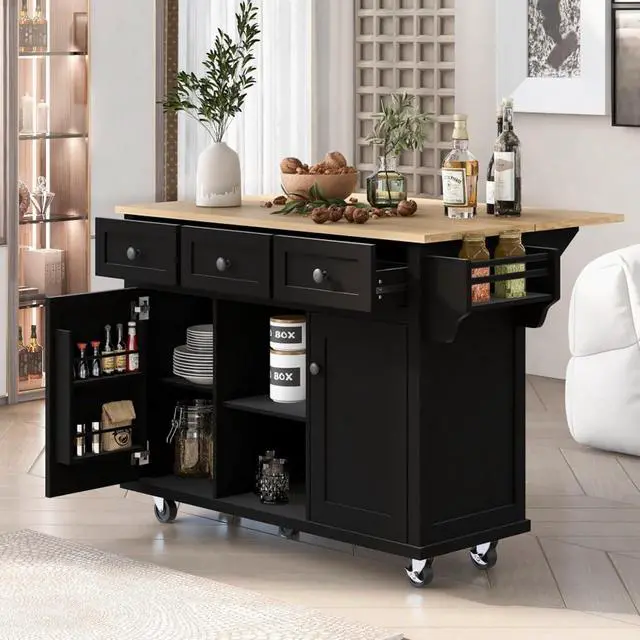 Alt view image 2 of 7 - Kitchen Cart with Rubber Wood Drop-Leaf Countertop,Cabinet Door Internal Storage Racks,Kitchen Island on 5 Wheels with Storage Cabinet and 3 Drawers for Dinning Room (Black)