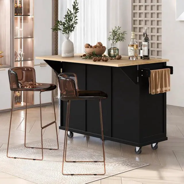 Alt view image 3 of 7 - Kitchen Cart with Rubber Wood Drop-Leaf Countertop,Cabinet Door Internal Storage Racks,Kitchen Island on 5 Wheels with Storage Cabinet and 3 Drawers for Dinning Room (Black)