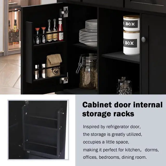 Alt view image 4 of 7 - Kitchen Cart with Rubber Wood Drop-Leaf Countertop,Cabinet Door Internal Storage Racks,Kitchen Island on 5 Wheels with Storage Cabinet and 3 Drawers for Dinning Room (Black)