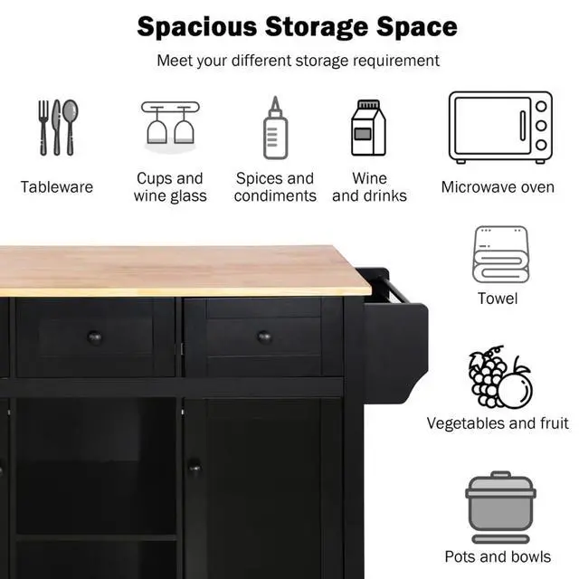 Alt view image 6 of 7 - Kitchen Cart with Rubber Wood Drop-Leaf Countertop,Cabinet Door Internal Storage Racks,Kitchen Island on 5 Wheels with Storage Cabinet and 3 Drawers for Dinning Room (Black)
