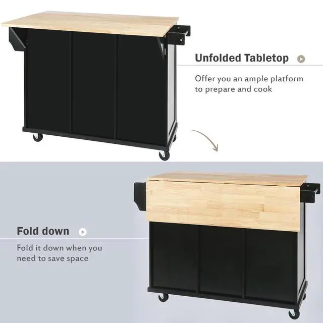 Alt view image 5 of 7 - Kitchen Cart with Rubber Wood Drop-Leaf Countertop,Cabinet Door Internal Storage Racks,Kitchen Island on 5 Wheels with Storage Cabinet and 3 Drawers for Dinning Room (Black)