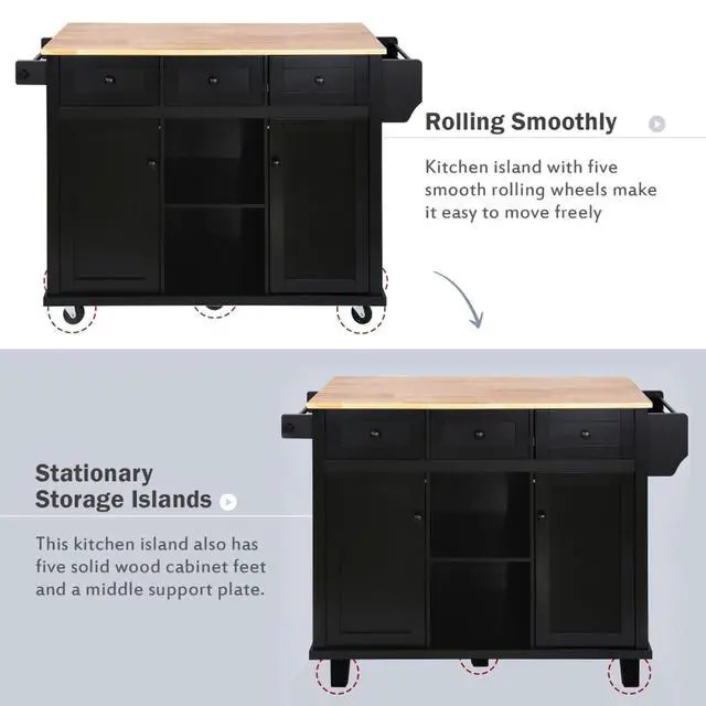 Alt view image 7 of 7 - Kitchen Cart with Rubber Wood Drop-Leaf Countertop,Cabinet Door Internal Storage Racks,Kitchen Island on 5 Wheels with Storage Cabinet and 3 Drawers for Dinning Room (Black)