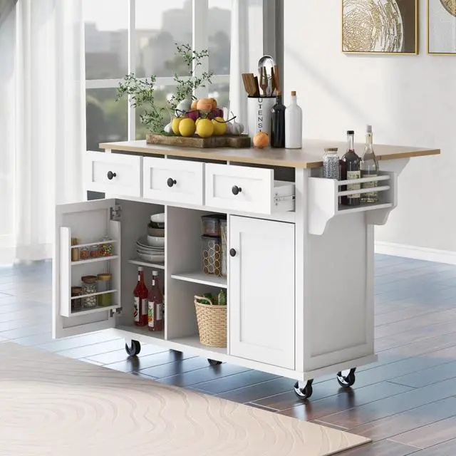 Alt view image 2 of 7 - Kitchen Cart with Rubber Wood Drop-Leaf Countertop,Cabinet Door Internal Storage Racks,Kitchen Island on 5 Wheels with Storage Cabinet and 3 Drawers for Dinning Room (White)
