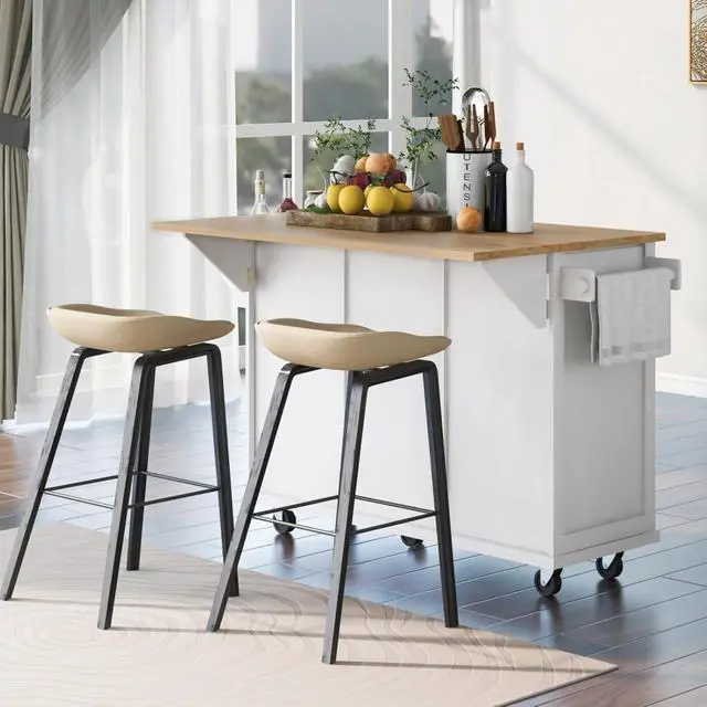 Alt view image 3 of 7 - Kitchen Cart with Rubber Wood Drop-Leaf Countertop,Cabinet Door Internal Storage Racks,Kitchen Island on 5 Wheels with Storage Cabinet and 3 Drawers for Dinning Room (White)