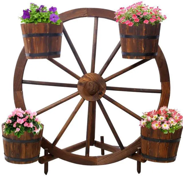 Main image of Wooden Wagon Planter Box with Wheels Design and Drainage Hole for Backyard, Park, Lawn, Outdoor Flower Cart with Fir Wood Frame for Growing Flowers, Plants, Herbs (Style 4)