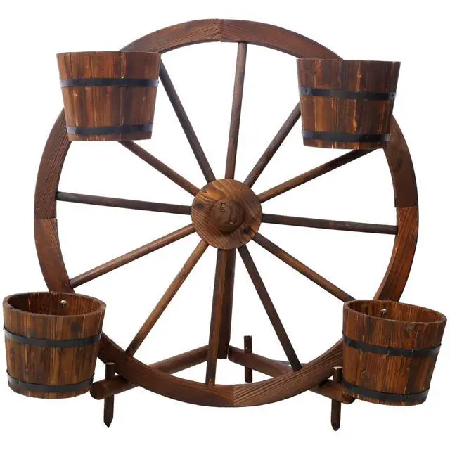 Alt view image 2 of 7 - Wooden Wagon Planter Box with Wheels Design and Drainage Hole for Backyard, Park, Lawn, Outdoor Flower Cart with Fir Wood Frame for Growing Flowers, Plants, Herbs (Style 4)