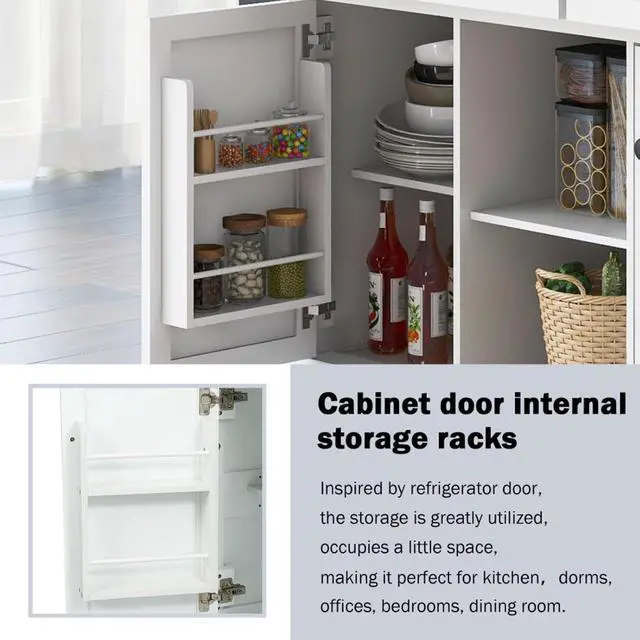 Alt view image 4 of 7 - Kitchen Cart with Rubber Wood Drop-Leaf Countertop,Cabinet Door Internal Storage Racks,Kitchen Island on 5 Wheels with Storage Cabinet and 3 Drawers for Dinning Room (White)