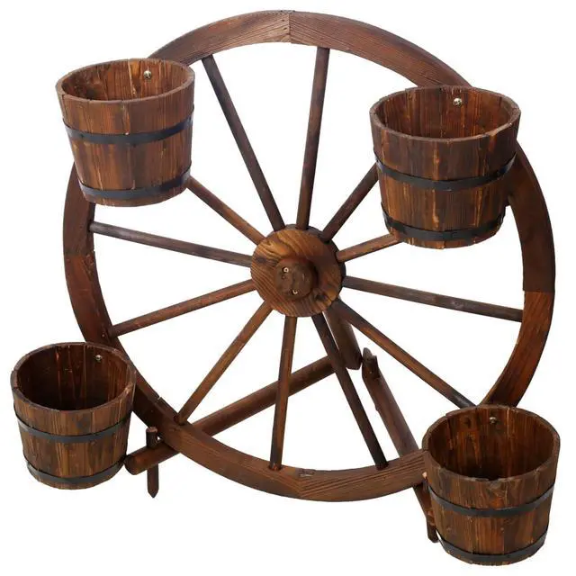 Alt view image 3 of 7 - Wooden Wagon Planter Box with Wheels Design and Drainage Hole for Backyard, Park, Lawn, Outdoor Flower Cart with Fir Wood Frame for Growing Flowers, Plants, Herbs (Style 4)