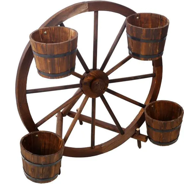 Alt view image 4 of 7 - Wooden Wagon Planter Box with Wheels Design and Drainage Hole for Backyard, Park, Lawn, Outdoor Flower Cart with Fir Wood Frame for Growing Flowers, Plants, Herbs (Style 4)