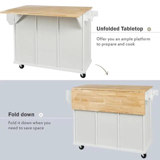 Alt view image 5 of 7 - Kitchen Cart with Rubber Wood Drop-Leaf Countertop,Cabinet Door Internal Storage Racks,Kitchen Island on 5 Wheels with Storage Cabinet and 3 Drawers for Dinning Room (White)
