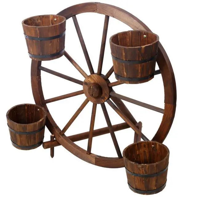 Alt view image 5 of 7 - Wooden Wagon Planter Box with Wheels Design and Drainage Hole for Backyard, Park, Lawn, Outdoor Flower Cart with Fir Wood Frame for Growing Flowers, Plants, Herbs (Style 4)