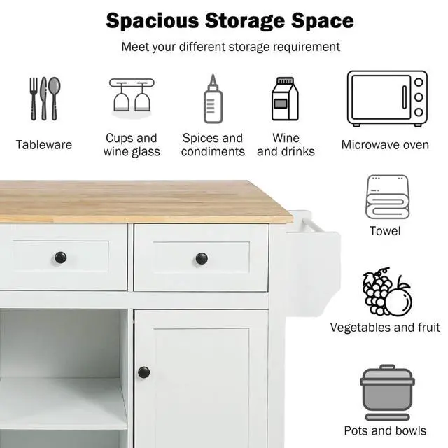 Alt view image 6 of 7 - Kitchen Cart with Rubber Wood Drop-Leaf Countertop,Cabinet Door Internal Storage Racks,Kitchen Island on 5 Wheels with Storage Cabinet and 3 Drawers for Dinning Room (White)