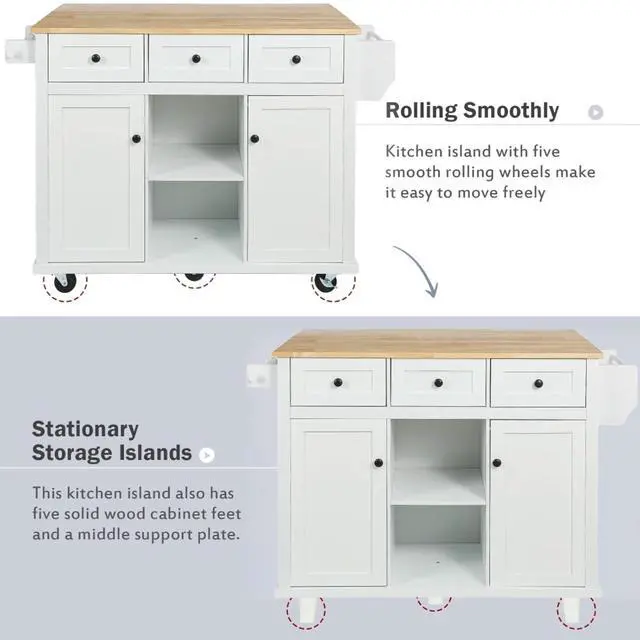 Alt view image 7 of 7 - Kitchen Cart with Rubber Wood Drop-Leaf Countertop,Cabinet Door Internal Storage Racks,Kitchen Island on 5 Wheels with Storage Cabinet and 3 Drawers for Dinning Room (White)