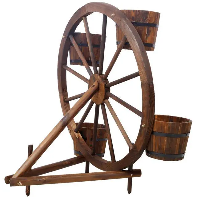 Alt view image 7 of 7 - Wooden Wagon Planter Box with Wheels Design and Drainage Hole for Backyard, Park, Lawn, Outdoor Flower Cart with Fir Wood Frame for Growing Flowers, Plants, Herbs (Style 4)