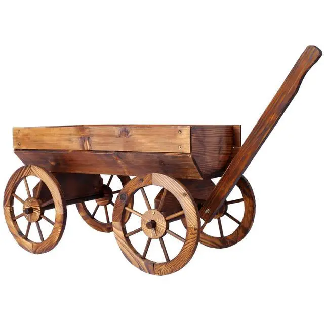 Alt view image 2 of 7 - Wooden Wagon Planter Box with Wheels Design and Drainage Hole for Backyard, Park, Lawn, Outdoor Flower Cart with Fir Wood Frame for Growing Flowers, Plants, Herbs (Style 1)