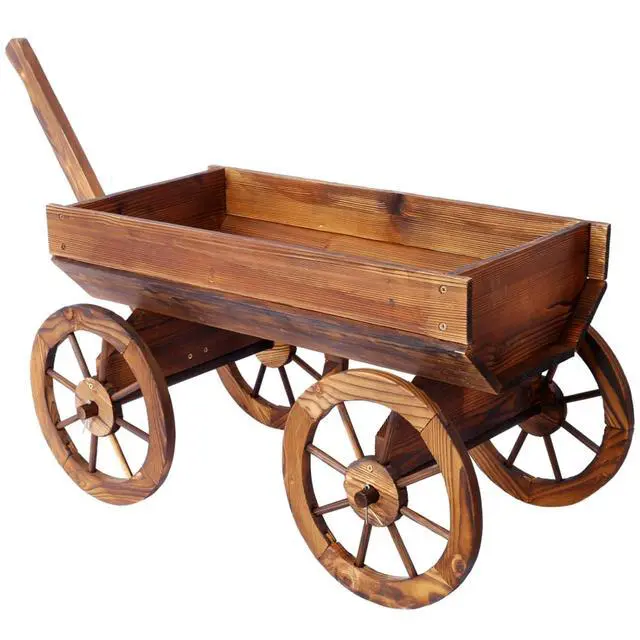 Alt view image 3 of 7 - Wooden Wagon Planter Box with Wheels Design and Drainage Hole for Backyard, Park, Lawn, Outdoor Flower Cart with Fir Wood Frame for Growing Flowers, Plants, Herbs (Style 1)