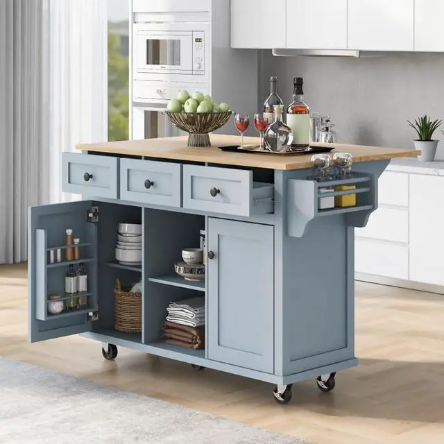 Alt view image 2 of 7 - Kitchen Cart with Rubber Wood Drop-Leaf Countertop,Cabinet Door Internal Storage Racks,Kitchen Island on 5 Wheels with Storage Cabinet and 3 Drawers for Dinning Room (Blue)