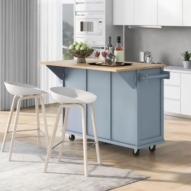 Alt view image 3 of 7 - Kitchen Cart with Rubber Wood Drop-Leaf Countertop,Cabinet Door Internal Storage Racks,Kitchen Island on 5 Wheels with Storage Cabinet and 3 Drawers for Dinning Room (Blue)