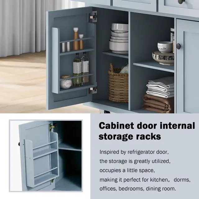 Alt view image 4 of 7 - Kitchen Cart with Rubber Wood Drop-Leaf Countertop,Cabinet Door Internal Storage Racks,Kitchen Island on 5 Wheels with Storage Cabinet and 3 Drawers for Dinning Room (Blue)