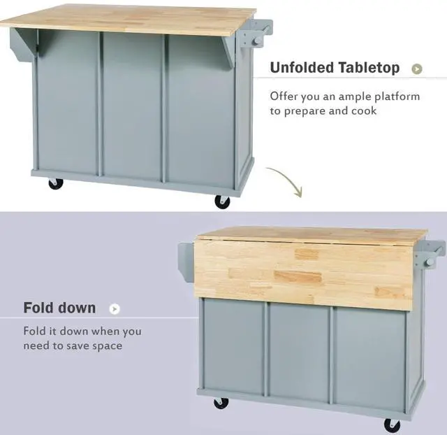 Alt view image 5 of 7 - Kitchen Cart with Rubber Wood Drop-Leaf Countertop,Cabinet Door Internal Storage Racks,Kitchen Island on 5 Wheels with Storage Cabinet and 3 Drawers for Dinning Room (Blue)