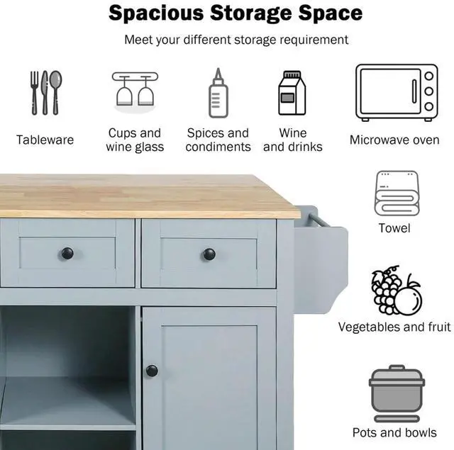 Alt view image 6 of 7 - Kitchen Cart with Rubber Wood Drop-Leaf Countertop,Cabinet Door Internal Storage Racks,Kitchen Island on 5 Wheels with Storage Cabinet and 3 Drawers for Dinning Room (Blue)
