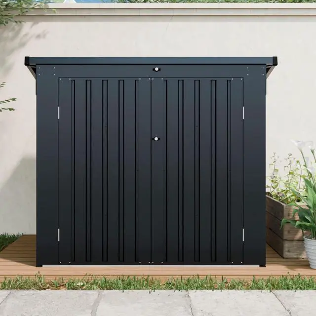 Alt view image 3 of 7 - Metal Outdoor Bin Shed Galvanized Steel Tool Shed with 2 Lockable Door, 2 Chains &Sloped Roof for Garbage Cans, 5x3FT Heavy Duty Trash Cans Storage w/Support Rods,Ideal for 2 Trash Bins and Garden Use