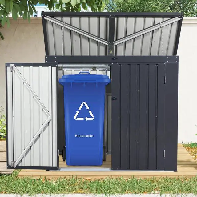 Main image of Metal Outdoor Bin Shed Galvanized Steel Tool Shed with 2 Lockable Door, 2 Chains &Sloped Roof for Garbage Cans, 5x3FT Heavy Duty Trash Cans Storage w/Support Rods,Ideal for 2 Trash Bins and Garden Use