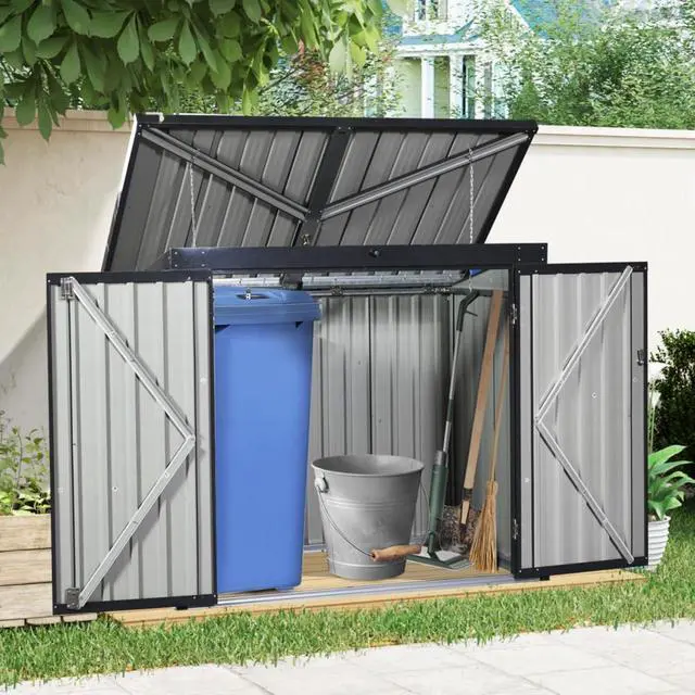 Alt view image 2 of 7 - Metal Outdoor Bin Shed Galvanized Steel Tool Shed with 2 Lockable Door, 2 Chains &Sloped Roof for Garbage Cans, 5x3FT Heavy Duty Trash Cans Storage w/Support Rods,Ideal for 2 Trash Bins and Garden Use