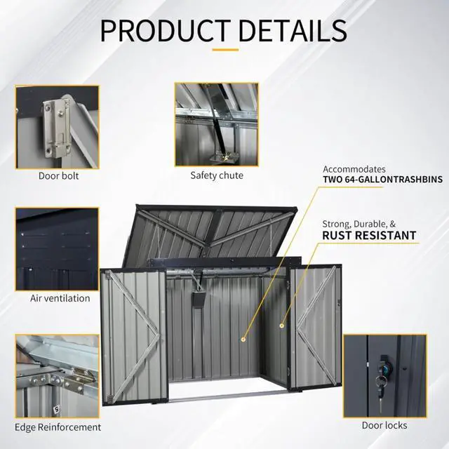 Alt view image 5 of 7 - Metal Outdoor Bin Shed Galvanized Steel Tool Shed with 2 Lockable Door, 2 Chains &Sloped Roof for Garbage Cans, 5x3FT Heavy Duty Trash Cans Storage w/Support Rods,Ideal for 2 Trash Bins and Garden Use