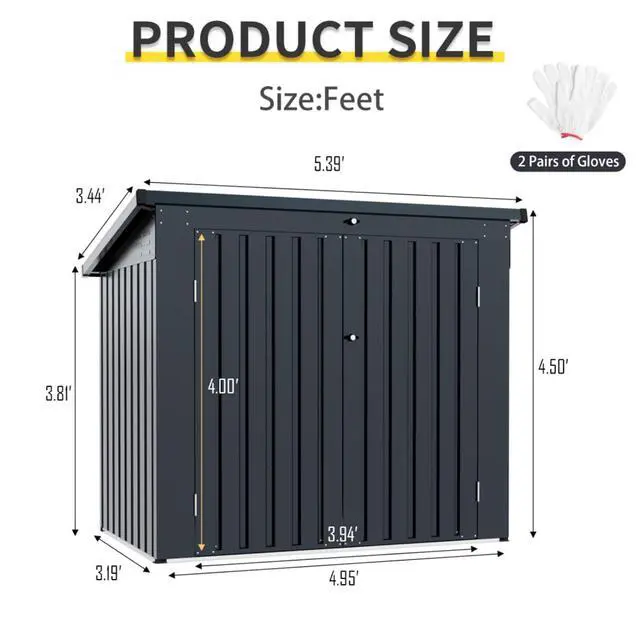 Alt view image 6 of 7 - Metal Outdoor Bin Shed Galvanized Steel Tool Shed with 2 Lockable Door, 2 Chains &Sloped Roof for Garbage Cans, 5x3FT Heavy Duty Trash Cans Storage w/Support Rods,Ideal for 2 Trash Bins and Garden Use