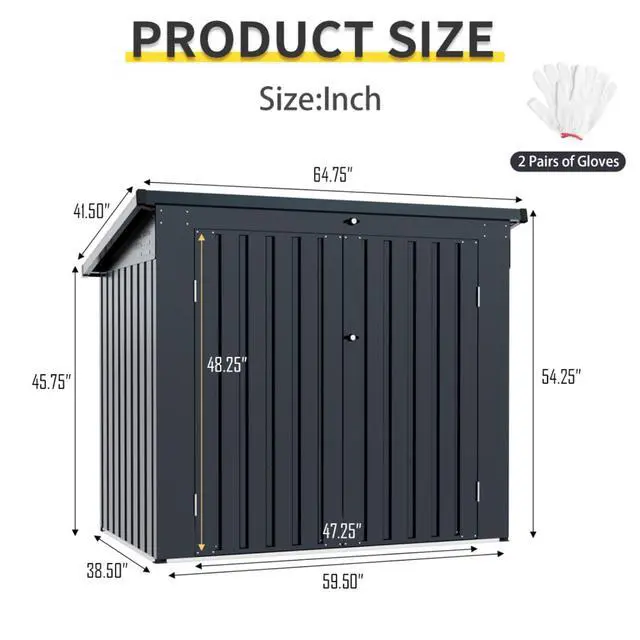 Alt view image 7 of 7 - Metal Outdoor Bin Shed Galvanized Steel Tool Shed with 2 Lockable Door, 2 Chains &Sloped Roof for Garbage Cans, 5x3FT Heavy Duty Trash Cans Storage w/Support Rods,Ideal for 2 Trash Bins and Garden Use