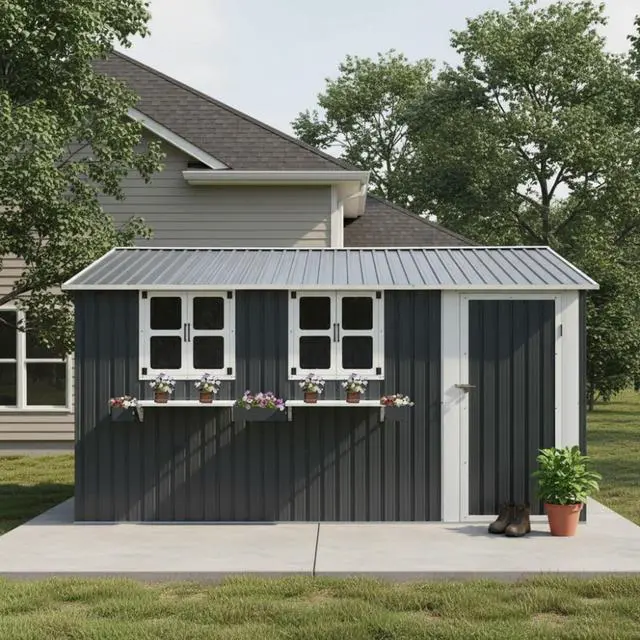 Main image of 12x10 FT Outdoor Metal Storage Shed with 3 Clear Windows & Decorative Flower Rack, Lockable Single Door Tool Shed, Heavy Duty Waterproof Weatherproof Garden Shed for Backyard (Coal Gray)