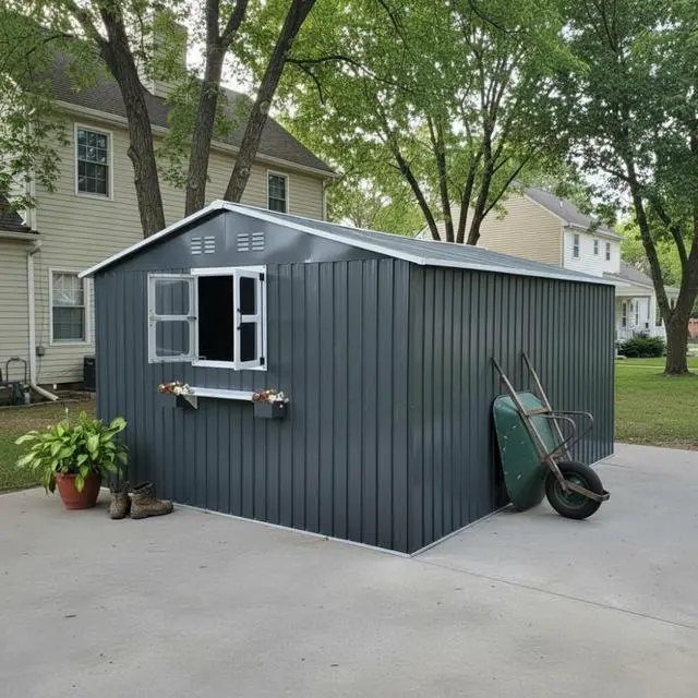 Alt view image 2 of 7 - 12x10 FT Outdoor Metal Storage Shed with 3 Clear Windows & Decorative Flower Rack, Lockable Single Door Tool Shed, Heavy Duty Waterproof Weatherproof Garden Shed for Backyard (Coal Gray)