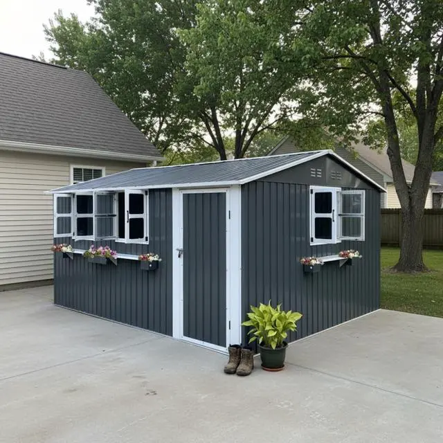 Alt view image 3 of 7 - 12x10 FT Outdoor Metal Storage Shed with 3 Clear Windows & Decorative Flower Rack, Lockable Single Door Tool Shed, Heavy Duty Waterproof Weatherproof Garden Shed for Backyard (Coal Gray)