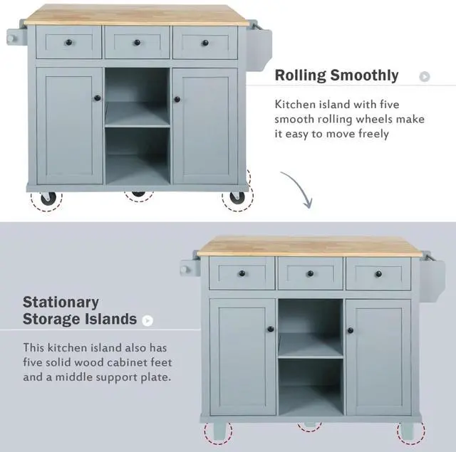 Alt view image 7 of 7 - Kitchen Cart with Rubber Wood Drop-Leaf Countertop,Cabinet Door Internal Storage Racks,Kitchen Island on 5 Wheels with Storage Cabinet and 3 Drawers for Dinning Room (Blue)